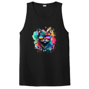 Cat Wearing Sunglasses In Rainbow Watercolor Popart Graphic Cool Gift PosiCharge Competitor Tank