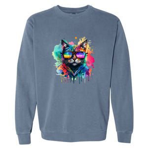 Cat Wearing Sunglasses In Rainbow Watercolor Popart Graphic Cool Gift Garment-Dyed Sweatshirt