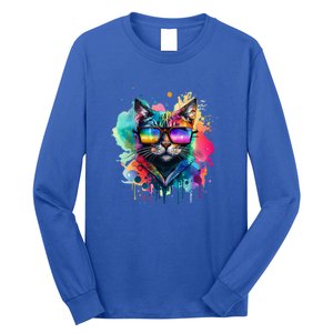 Cat Wearing Sunglasses In Rainbow Watercolor Popart Graphic Cool Gift Long Sleeve Shirt