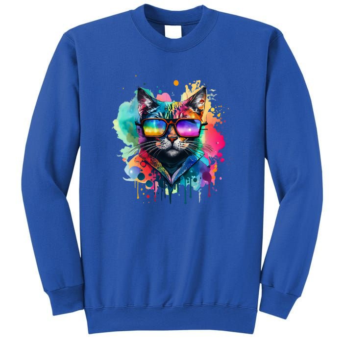 Cat Wearing Sunglasses In Rainbow Watercolor Popart Graphic Cool Gift Sweatshirt