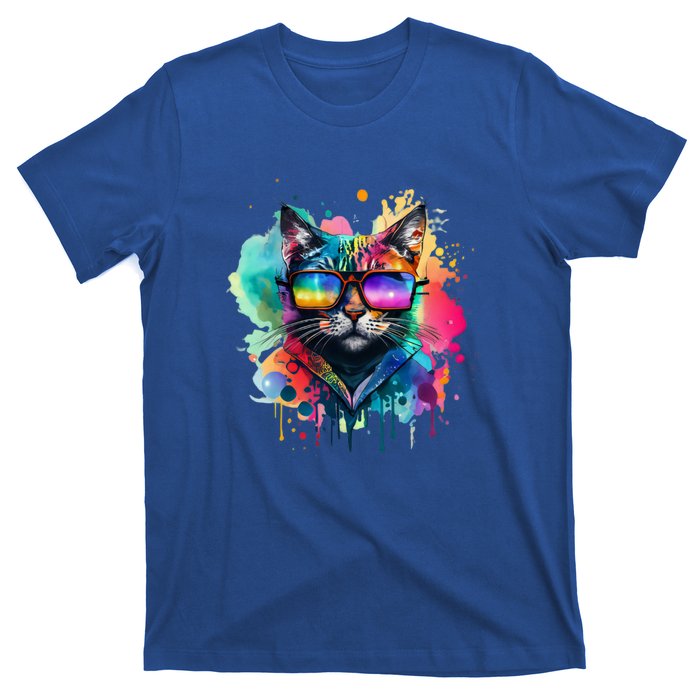 Cat Wearing Sunglasses In Rainbow Watercolor Popart Graphic Cool Gift T-Shirt