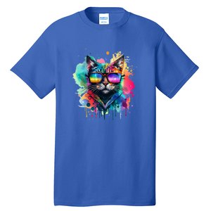 Cat Wearing Sunglasses In Rainbow Watercolor Popart Graphic Cool Gift Tall T-Shirt