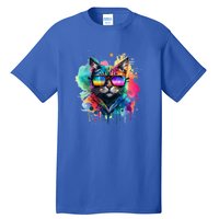 Cat Wearing Sunglasses In Rainbow Watercolor Popart Graphic Cool Gift Tall T-Shirt