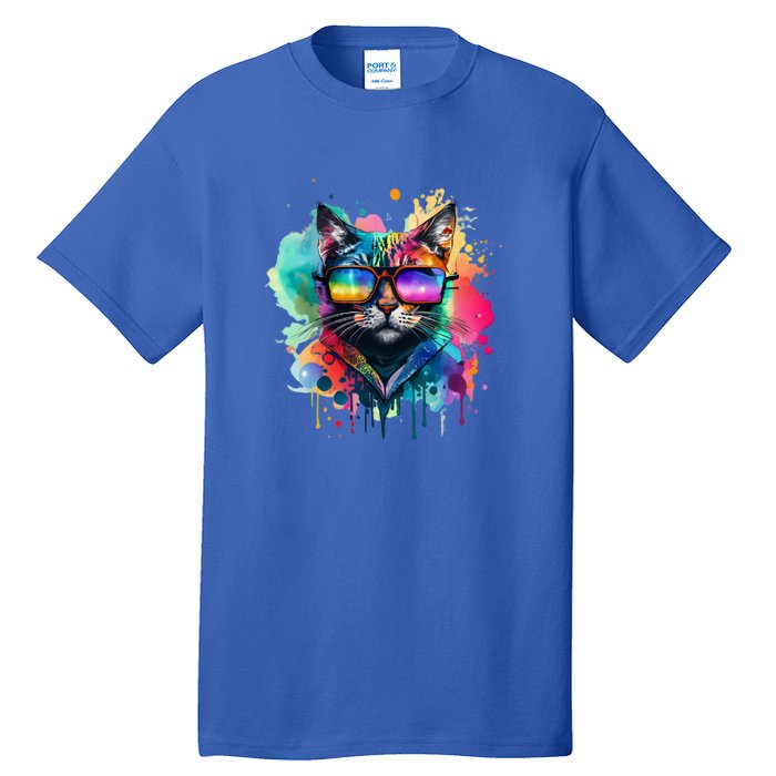 Cat Wearing Sunglasses In Rainbow Watercolor Popart Graphic Cool Gift Tall T-Shirt