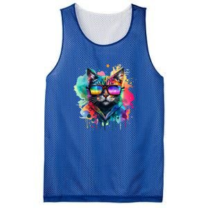 Cat Wearing Sunglasses In Rainbow Watercolor Popart Graphic Cool Gift Mesh Reversible Basketball Jersey Tank