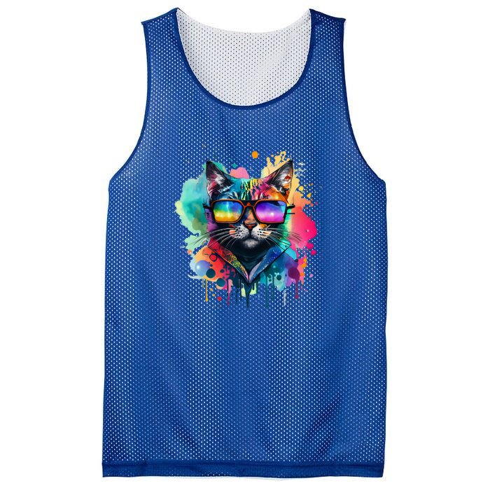 Cat Wearing Sunglasses In Rainbow Watercolor Popart Graphic Cool Gift Mesh Reversible Basketball Jersey Tank