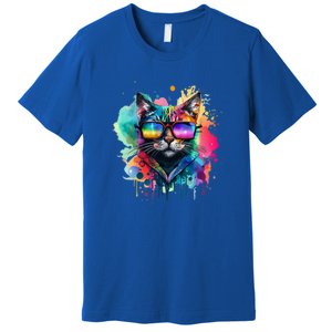 Cat Wearing Sunglasses In Rainbow Watercolor Popart Graphic Cool Gift Premium T-Shirt