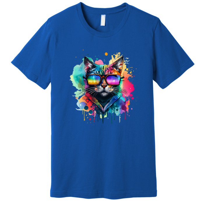 Cat Wearing Sunglasses In Rainbow Watercolor Popart Graphic Cool Gift Premium T-Shirt