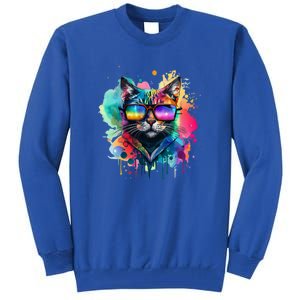 Cat Wearing Sunglasses In Rainbow Watercolor Popart Graphic Cool Gift Tall Sweatshirt