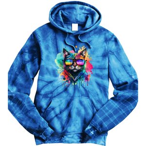 Cat Wearing Sunglasses In Rainbow Watercolor Popart Graphic Cool Gift Tie Dye Hoodie