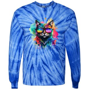 Cat Wearing Sunglasses In Rainbow Watercolor Popart Graphic Cool Gift Tie-Dye Long Sleeve Shirt