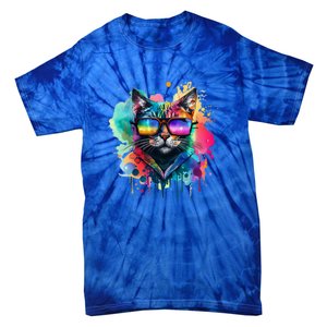 Cat Wearing Sunglasses In Rainbow Watercolor Popart Graphic Cool Gift Tie-Dye T-Shirt