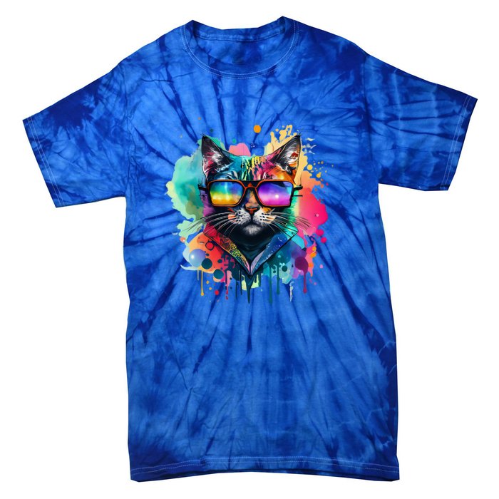 Cat Wearing Sunglasses In Rainbow Watercolor Popart Graphic Cool Gift Tie-Dye T-Shirt