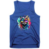 Cat Wearing Sunglasses In Rainbow Watercolor Popart Graphic Cool Gift Tank Top