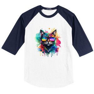 Cat Wearing Sunglasses In Rainbow Watercolor Popart Graphic Cool Gift Baseball Sleeve Shirt