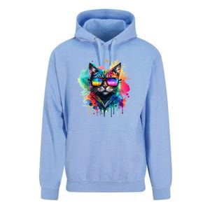 Cat Wearing Sunglasses In Rainbow Watercolor Popart Graphic Cool Gift Unisex Surf Hoodie