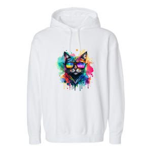 Cat Wearing Sunglasses In Rainbow Watercolor Popart Graphic Cool Gift Garment-Dyed Fleece Hoodie