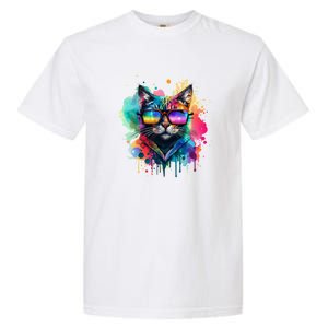 Cat Wearing Sunglasses In Rainbow Watercolor Popart Graphic Cool Gift Garment-Dyed Heavyweight T-Shirt