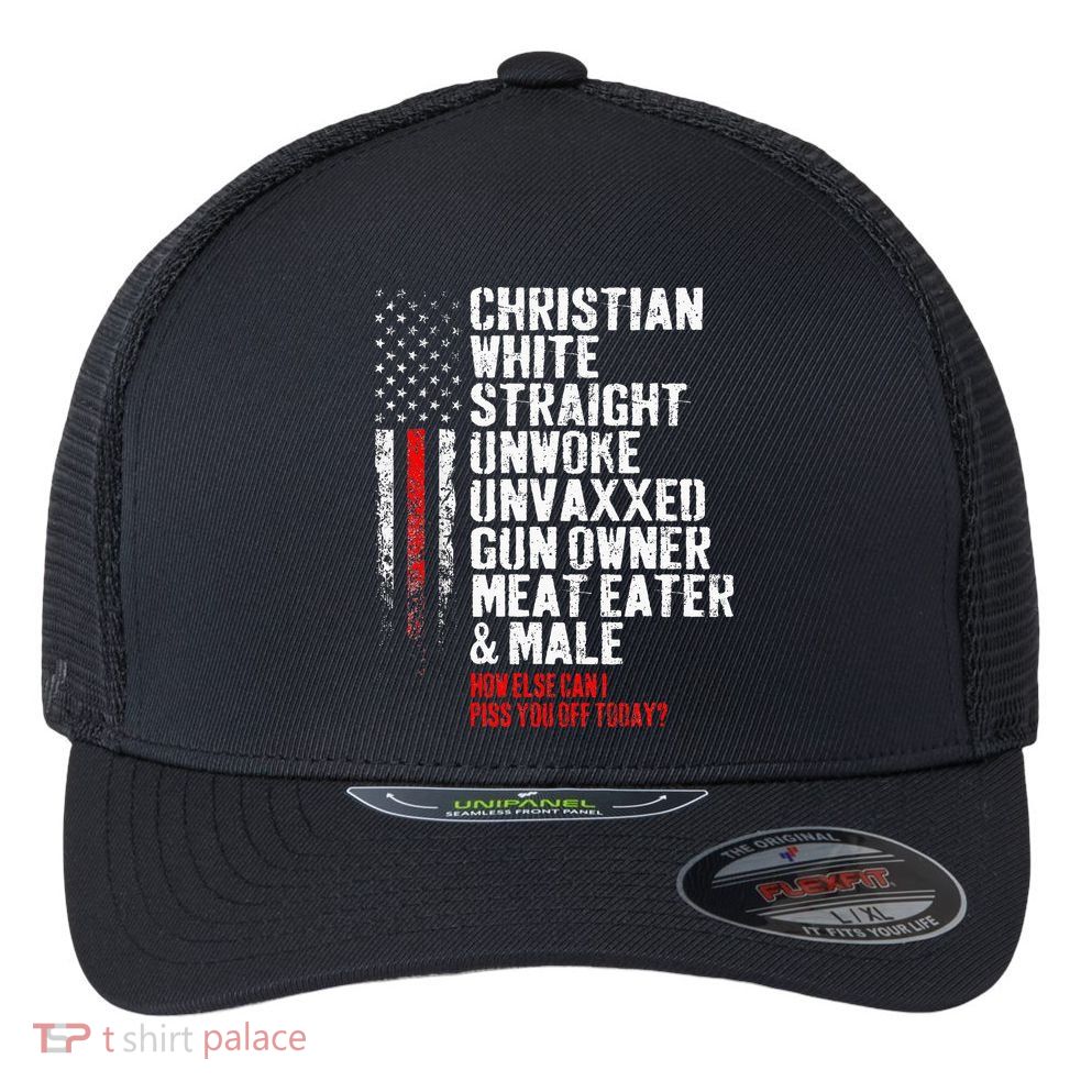 Christian White Straight Unwoke Unvaxxed Gun Owner Flexfit Unipanel Trucker Cap