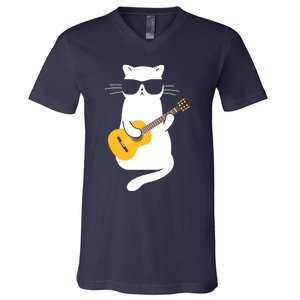 Cat Wearing Sunglasses Playing Guitar Guitarist V-Neck T-Shirt