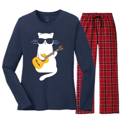 Cat Wearing Sunglasses Playing Guitar Guitarist Women's Long Sleeve Flannel Pajama Set 