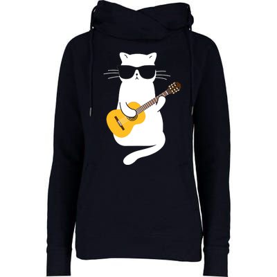 Cat Wearing Sunglasses Playing Guitar Guitarist Womens Funnel Neck Pullover Hood