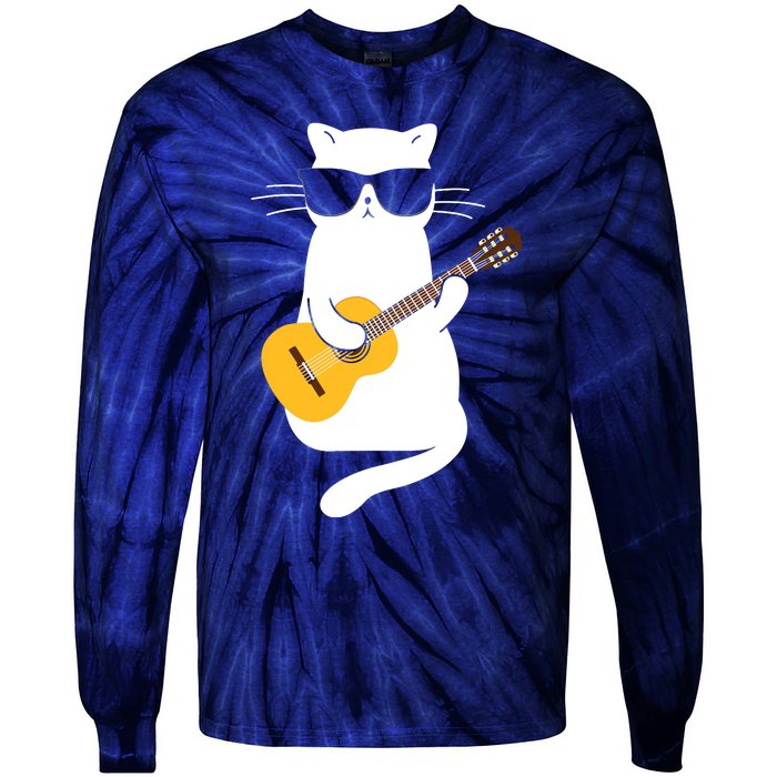 Cat Wearing Sunglasses Playing Guitar Guitarist Tie-Dye Long Sleeve Shirt