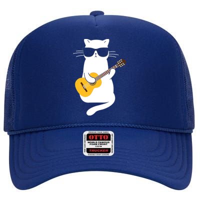 Cat Wearing Sunglasses Playing Guitar Guitarist High Crown Mesh Back Trucker Hat