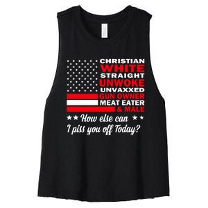 Christian White Straight Unwoke Unvaxxed Gun Owner Meat Eater And Donald Trump Women's Racerback Cropped Tank