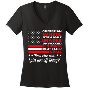 Christian White Straight Unwoke Unvaxxed Gun Owner Meat Eater And Donald Trump Women's V-Neck T-Shirt