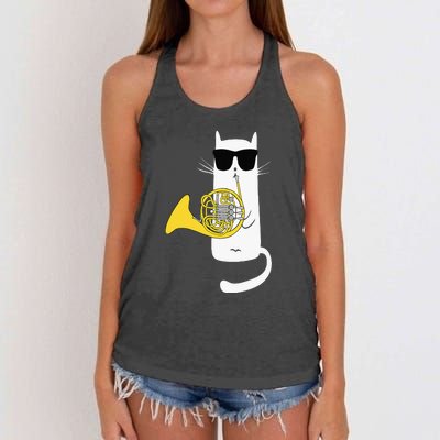 Cat Wearing Sunglasses Playing French Horn Women's Knotted Racerback Tank