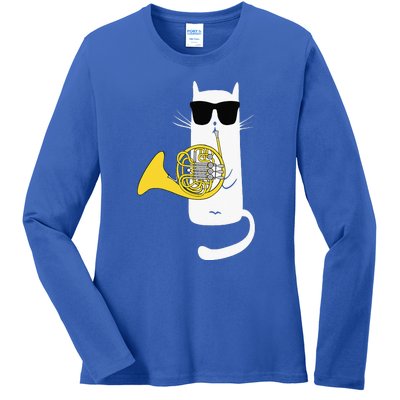 Cat Wearing Sunglasses Playing French Horn Ladies Long Sleeve Shirt