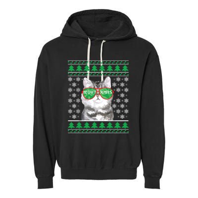 Cat With Sunglasses Meowy Ugly Christmas Sweater Garment-Dyed Fleece Hoodie