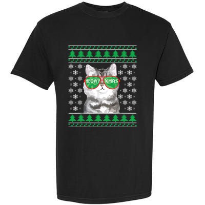 Cat With Sunglasses Meowy Ugly Christmas Sweater Garment-Dyed Heavyweight T-Shirt