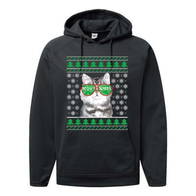 Cat With Sunglasses Meowy Ugly Christmas Sweater Performance Fleece Hoodie