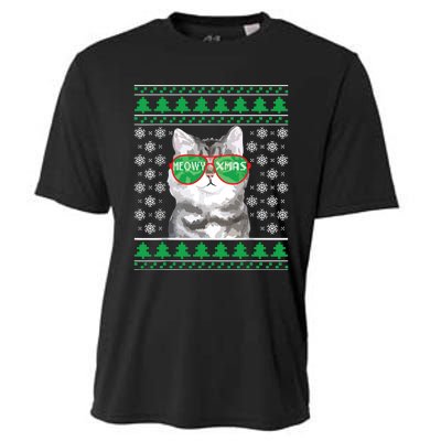 Cat With Sunglasses Meowy Ugly Christmas Sweater Cooling Performance Crew T-Shirt