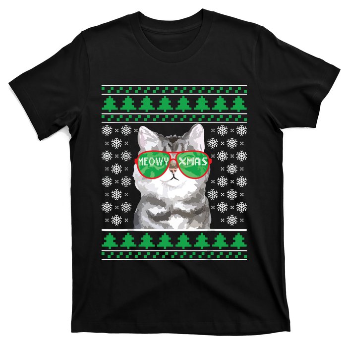 Cat With Sunglasses Meowy Ugly Christmas Sweater T-Shirt