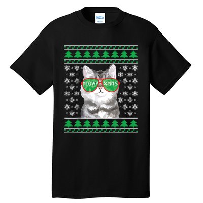 Cat With Sunglasses Meowy Ugly Christmas Sweater Tall T-Shirt