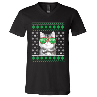 Cat With Sunglasses Meowy Ugly Christmas Sweater V-Neck T-Shirt