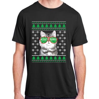 Cat With Sunglasses Meowy Ugly Christmas Sweater Adult ChromaSoft Performance T-Shirt