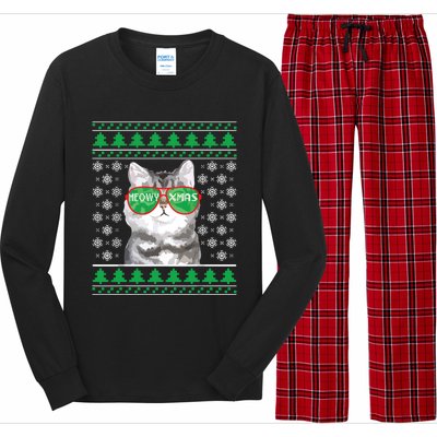 Cat With Sunglasses Meowy Ugly Christmas Sweater Long Sleeve Pajama Set