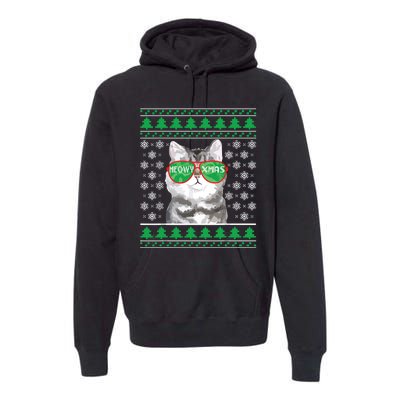 Cat With Sunglasses Meowy Ugly Christmas Sweater Premium Hoodie