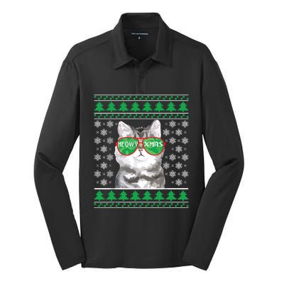 Cat With Sunglasses Meowy Ugly Christmas Sweater Silk Touch Performance Long Sleeve Polo