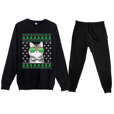 Cat With Sunglasses Meowy Ugly Christmas Sweater Premium Crewneck Sweatsuit Set