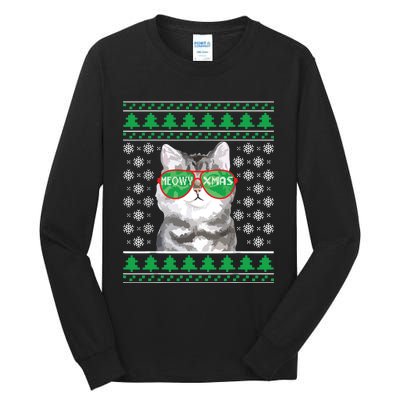 Cat With Sunglasses Meowy Ugly Christmas Sweater Tall Long Sleeve T-Shirt