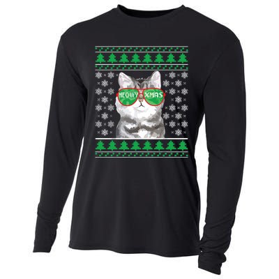 Cat With Sunglasses Meowy Ugly Christmas Sweater Cooling Performance Long Sleeve Crew