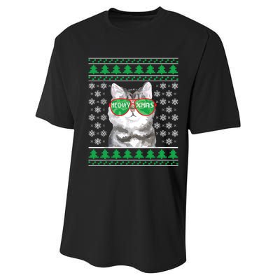 Cat With Sunglasses Meowy Ugly Christmas Sweater Performance Sprint T-Shirt