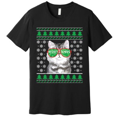 Cat With Sunglasses Meowy Ugly Christmas Sweater Premium T-Shirt