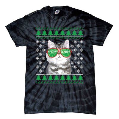 Cat With Sunglasses Meowy Ugly Christmas Sweater Tie-Dye T-Shirt