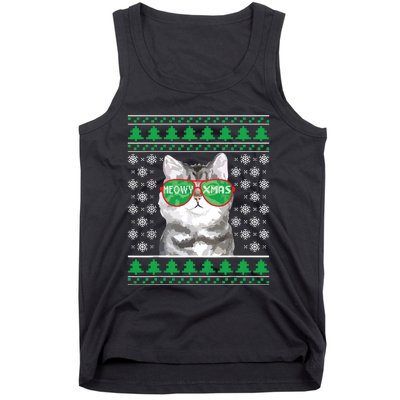 Cat With Sunglasses Meowy Ugly Christmas Sweater Tank Top